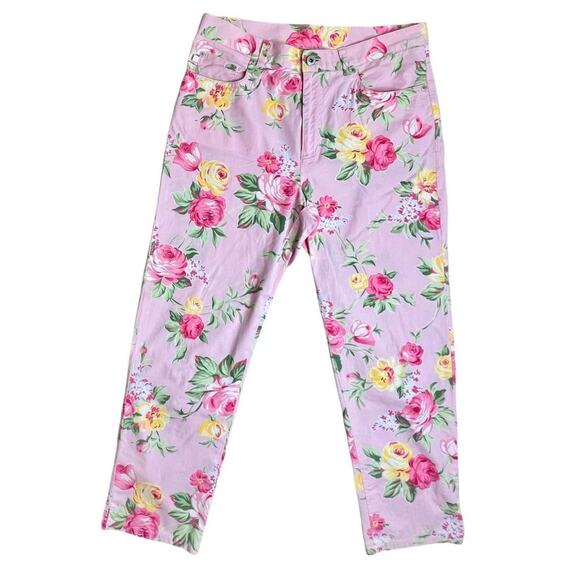 Lauren Ralph Lauren Pink Floral Flat Front Cropped Pant 10 Cottage Flower Spring - Picture 1 of 11